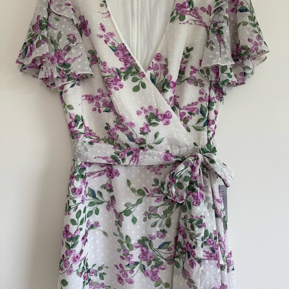 Eliza J Lilac White Floral Wrap Ruffled Tie Front Midi Dress - Picture 3 of 15